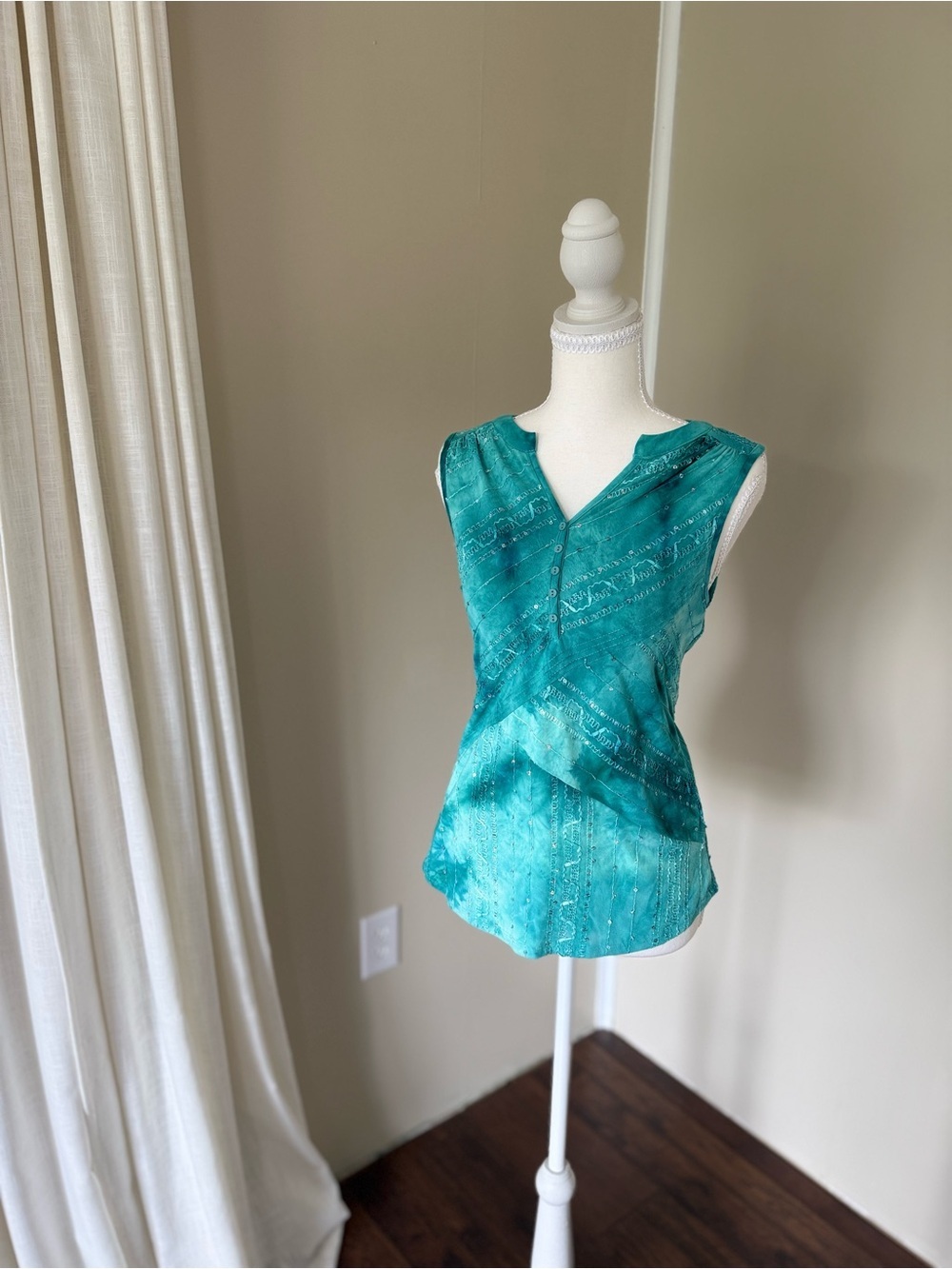 Vintage Y2K Tank Top Fairycore cami Teal Beaded Sleeveless mermaidcore S - Picture 3 of 10